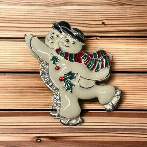Vintage‎ Christmas Pin Brooch Snowman Ice  Skating Two Snowmen Winter Holiday